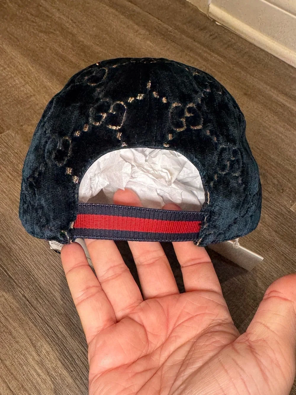 Gucci Double GG Logo Sapphire Blue Gold Velvet Baseball Cap Hat